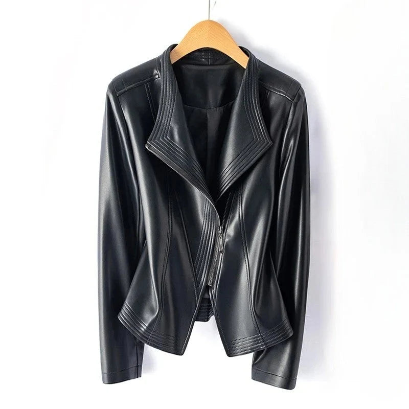 Detail shot of notched collar and ribbed topstitching on women's leather jacket