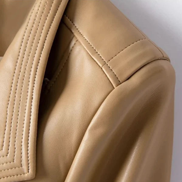 Full front view of women's burgundy leather biker jacket with asymmetric zip fastening