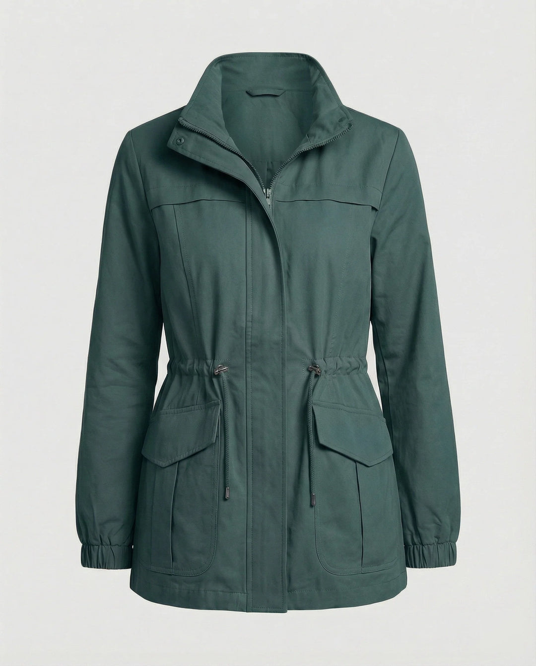 Drawstring waist cinched in to show flattering shape of women's casual utility jacket