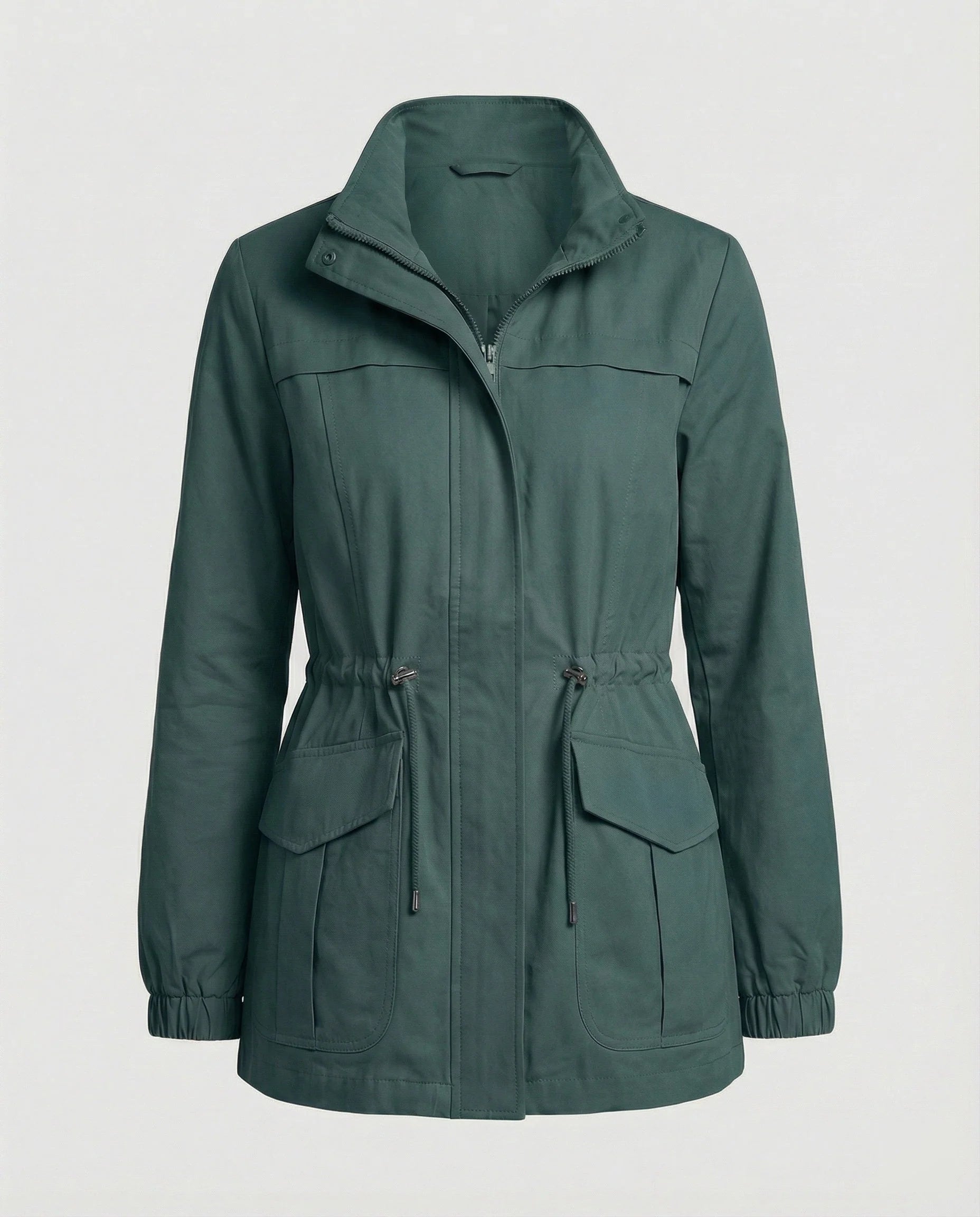 Drawstring waist cinched in to show flattering shape of women's casual utility jacket