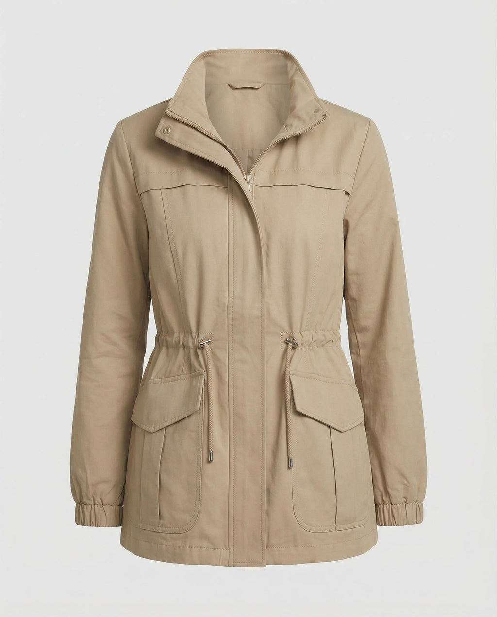 Detail of stand collar and zip closure on lightweight utility jacket for women