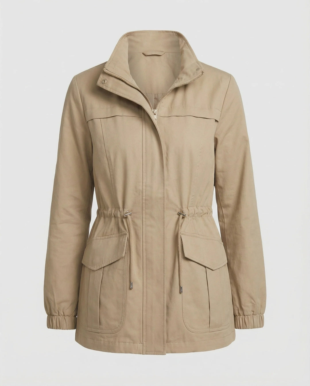 Detail of stand collar and zip closure on lightweight utility jacket for women