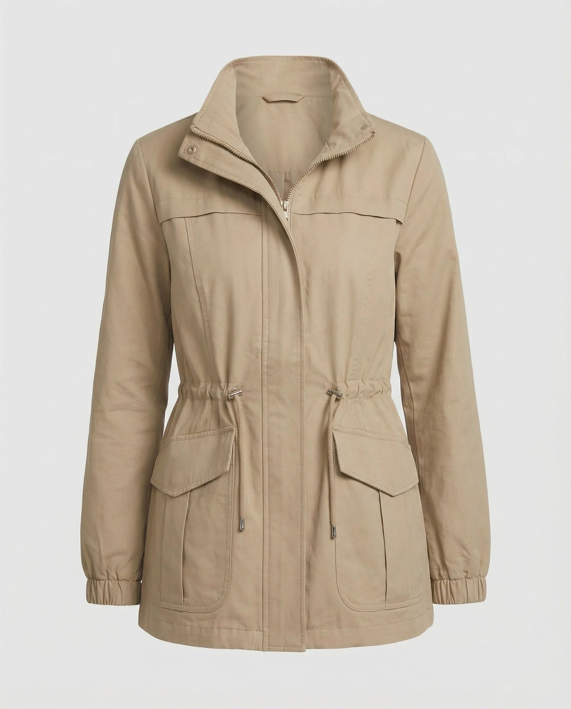 Detail of stand collar and zip closure on lightweight utility jacket for women