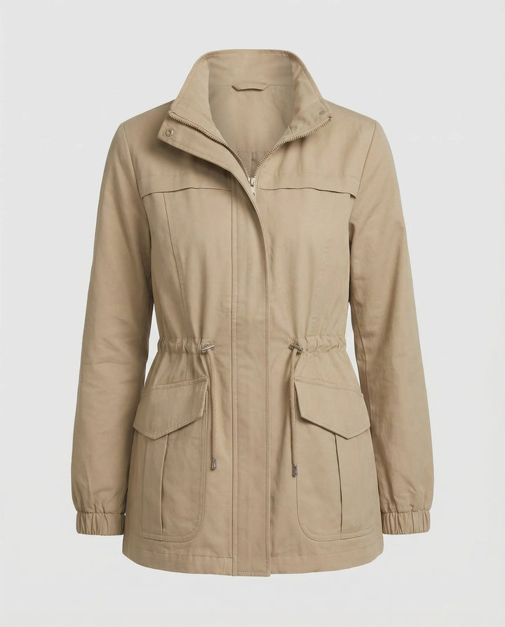 Detail of stand collar and zip closure on lightweight utility jacket for women