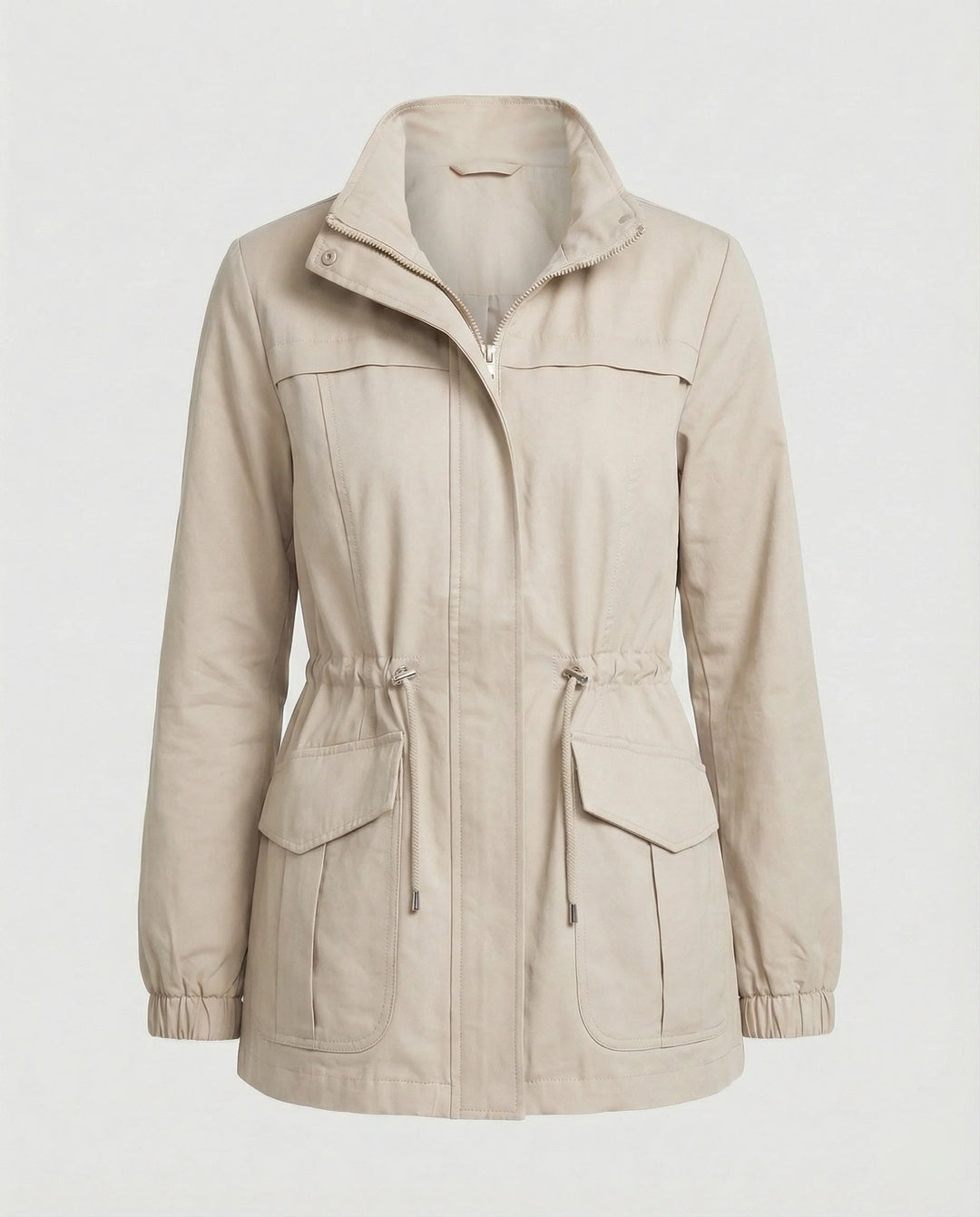 Back view of relaxed utility jacket showing clean lines and structured fabric finish