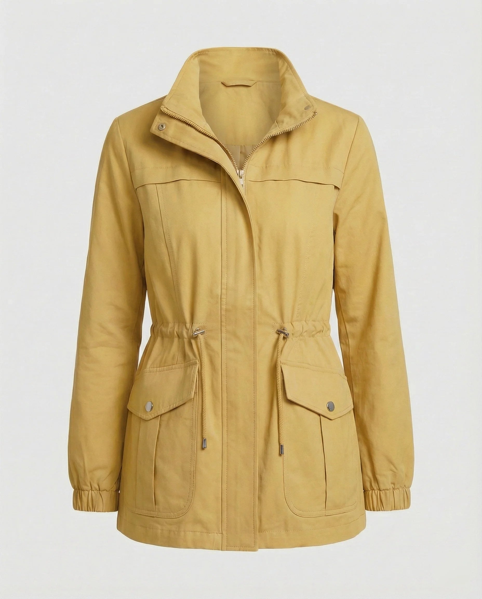 Close-up of large flap pockets with military-inspired detailing on utility jacket