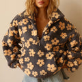 Women's oversized floral fleece jacket with retro daisy print and half zip front closure