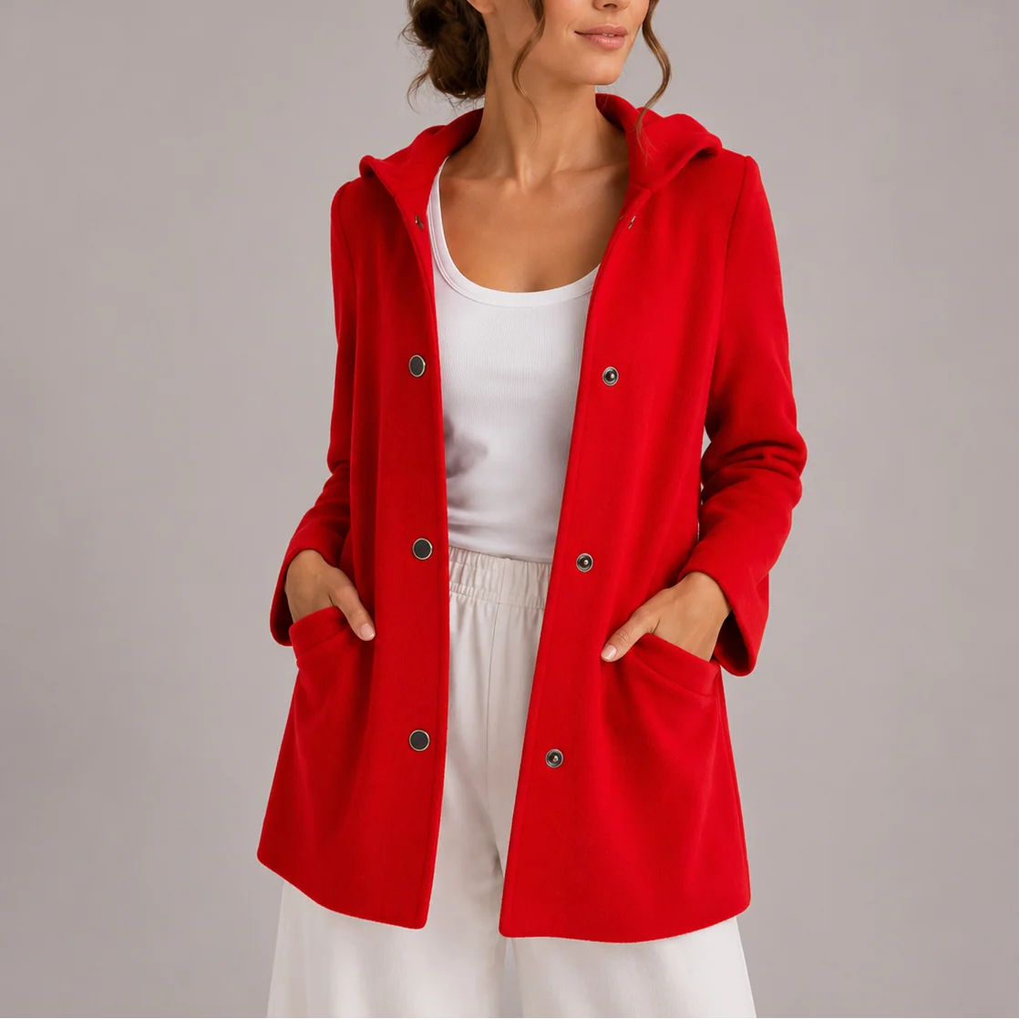 Women's hooded double-breasted jacket in vibrant red with front pockets and relaxed fit