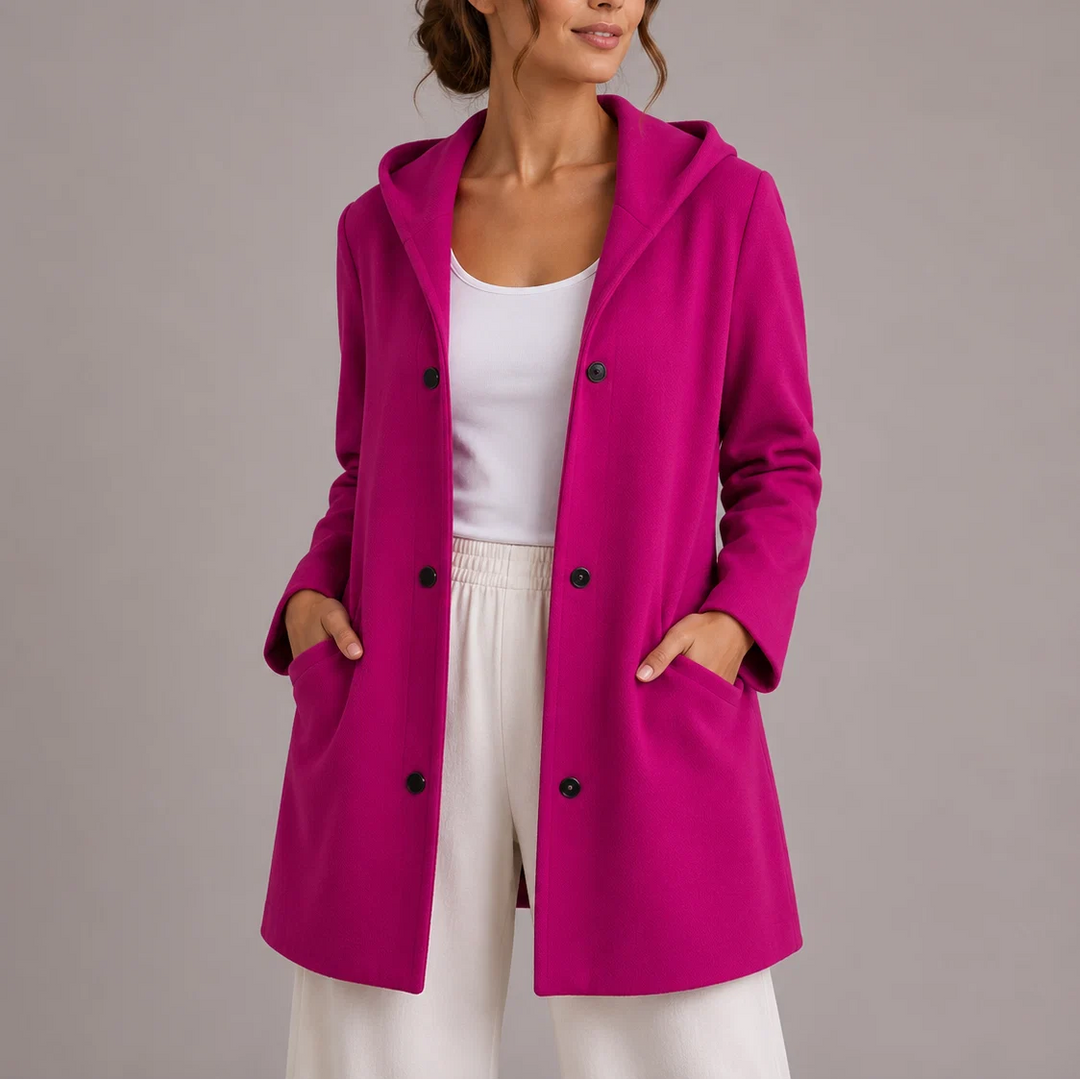Full-length view of women's hooded jacket in red with functional front pockets