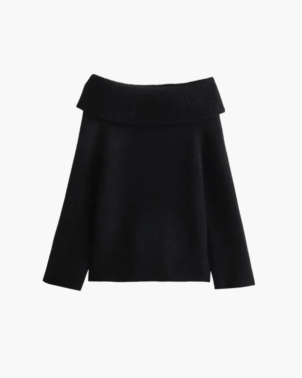 Women's off-shoulder jumper in black with fold-over ribbed collar and relaxed fit for autumn wear
