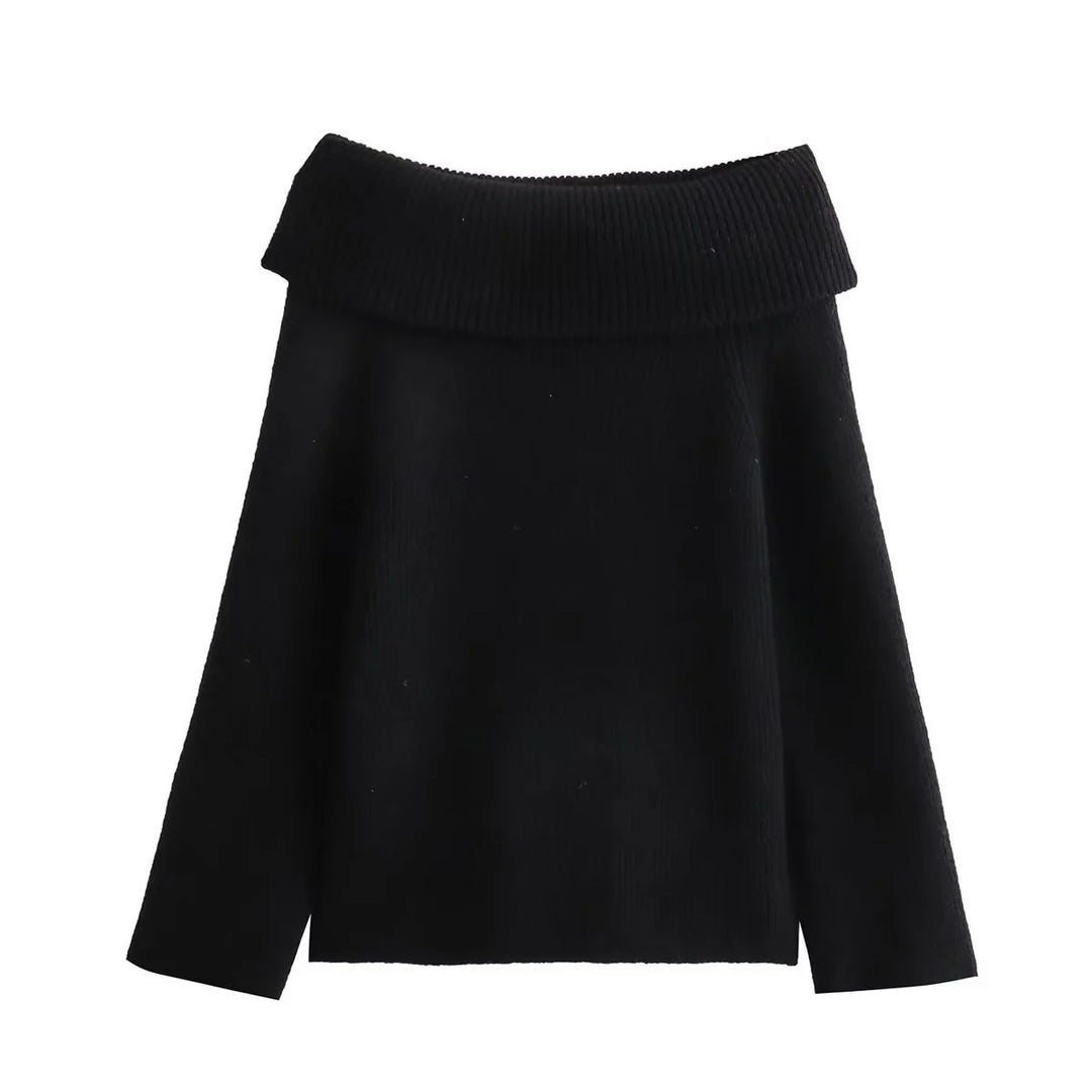 Close-up view of black off-shoulder jumper showing ribbed knit texture and collar detail