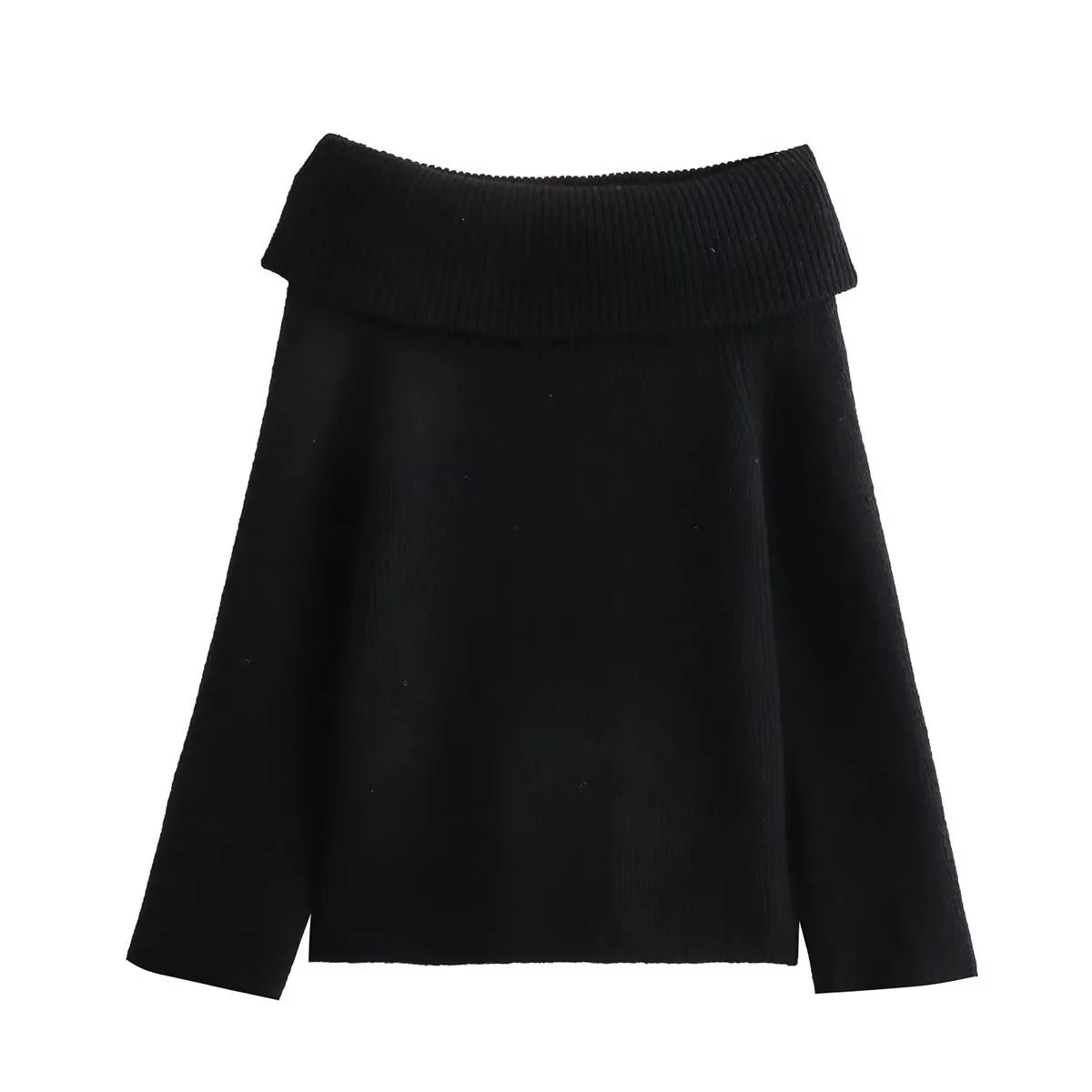 Close-up view of black off-shoulder jumper showing ribbed knit texture and collar detail