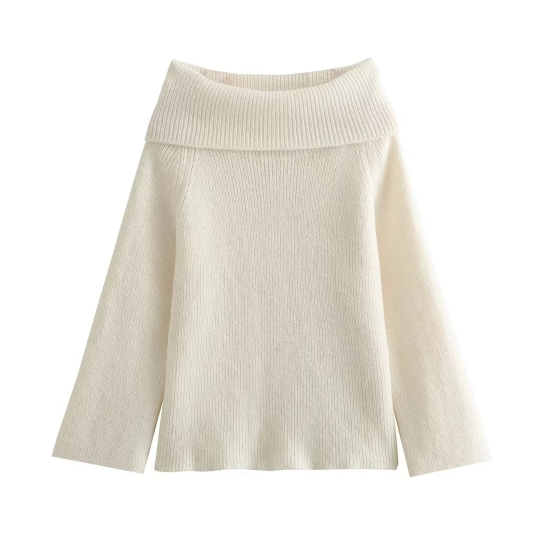 Side angle of women's off-shoulder jumper displaying relaxed silhouette and long sleeves