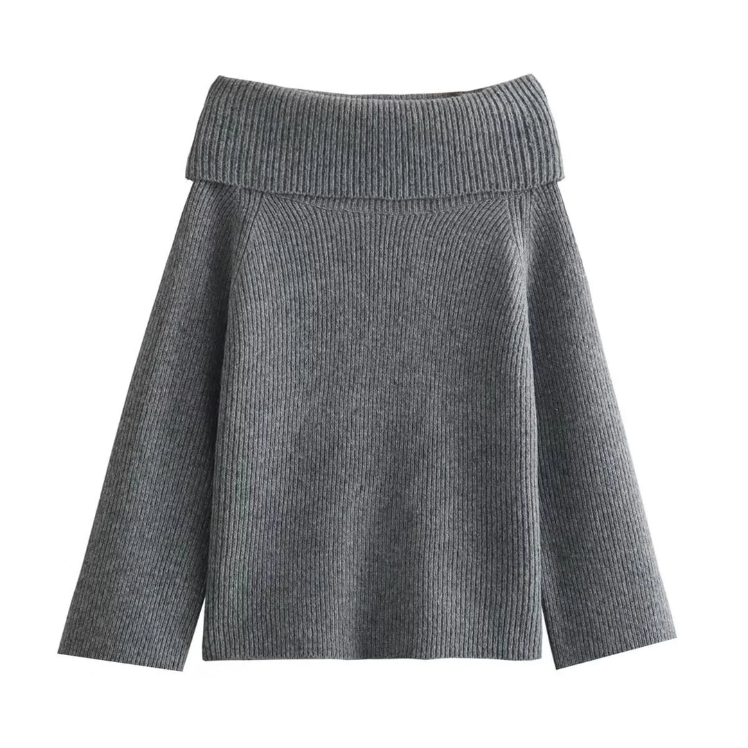 Detail shot of fold-over collar on black ribbed knit off-shoulder jumper