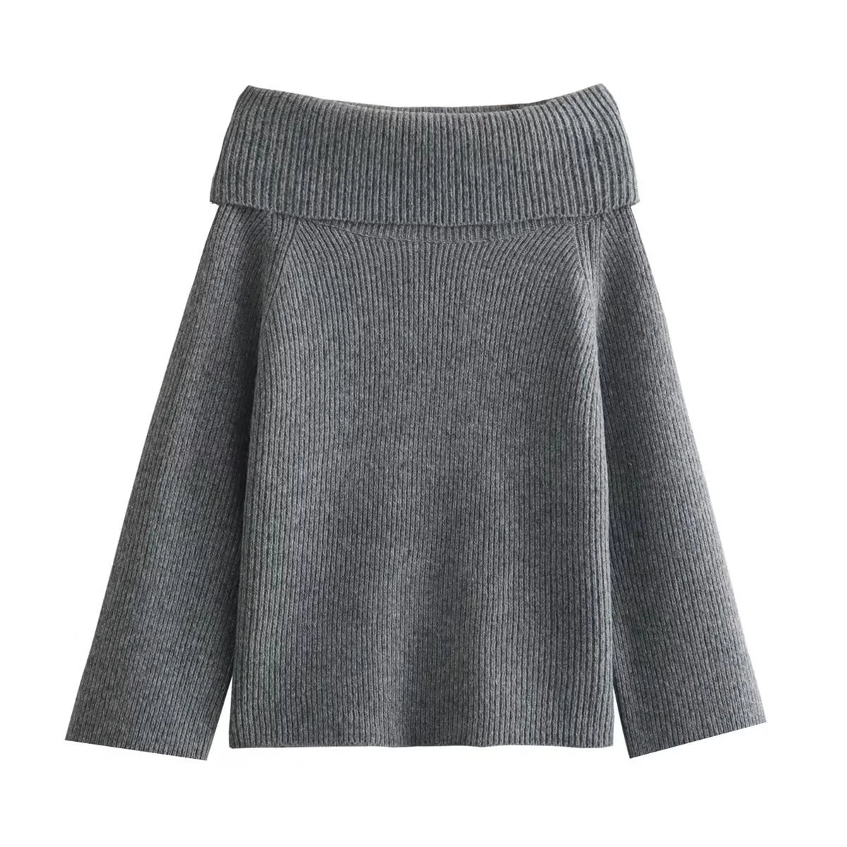 Detail shot of fold-over collar on black ribbed knit off-shoulder jumper