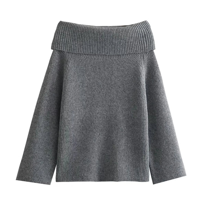 Detail shot of fold-over collar on black ribbed knit off-shoulder jumper