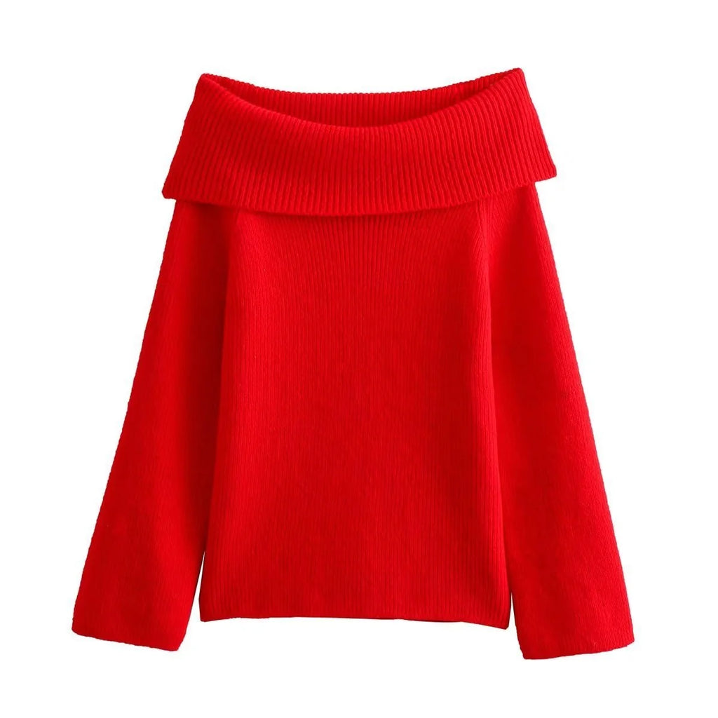 Women's off-shoulder jumper styled with casual trousers showing flattering neckline