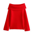 Women's off-shoulder jumper styled with casual trousers showing flattering neckline