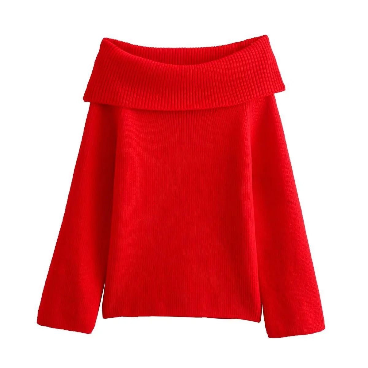 Women's off-shoulder jumper styled with casual trousers showing flattering neckline