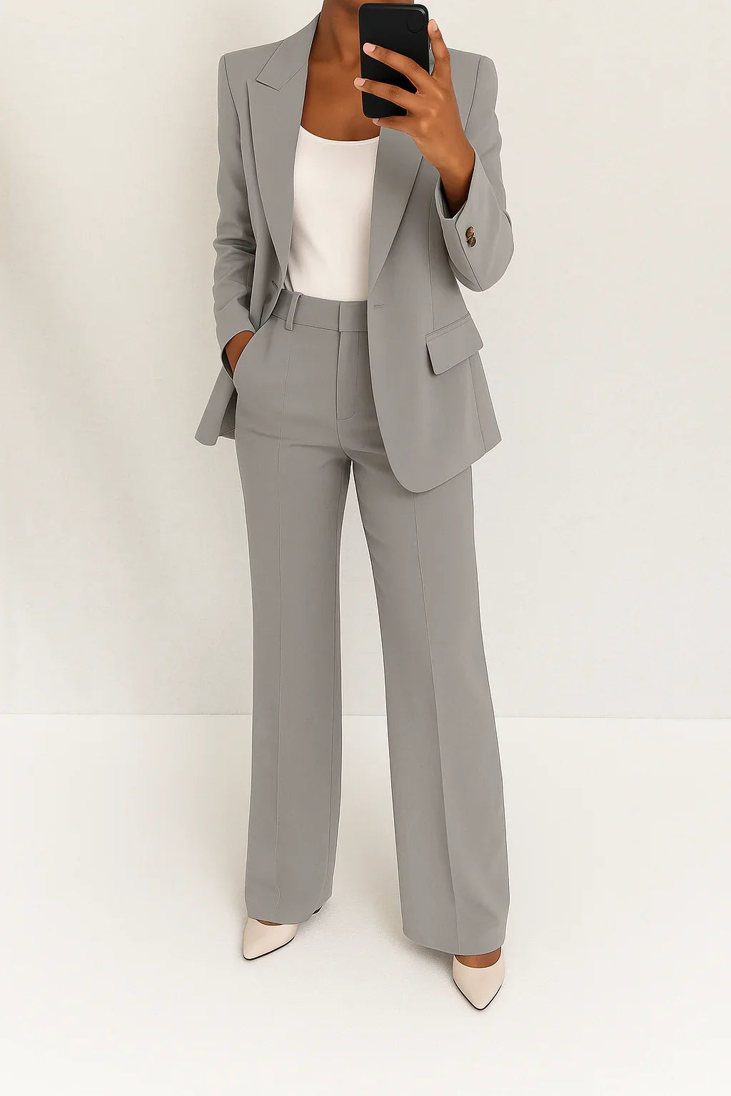 Side view of women's wide leg trousers with relaxed fit and smooth drape