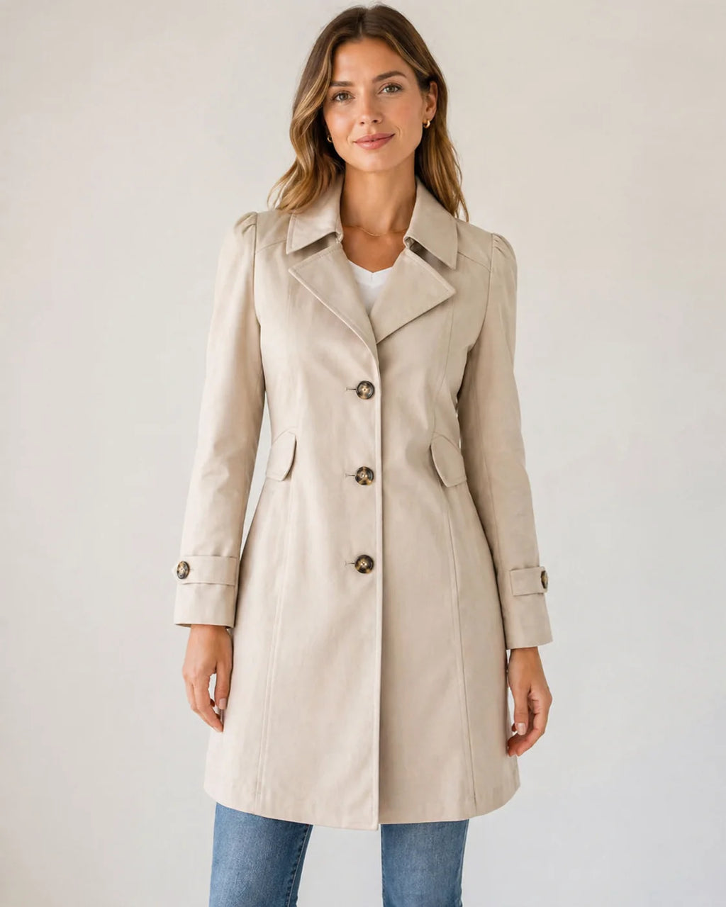 Women's tailored trench coat in beige with notched collar and button-up front