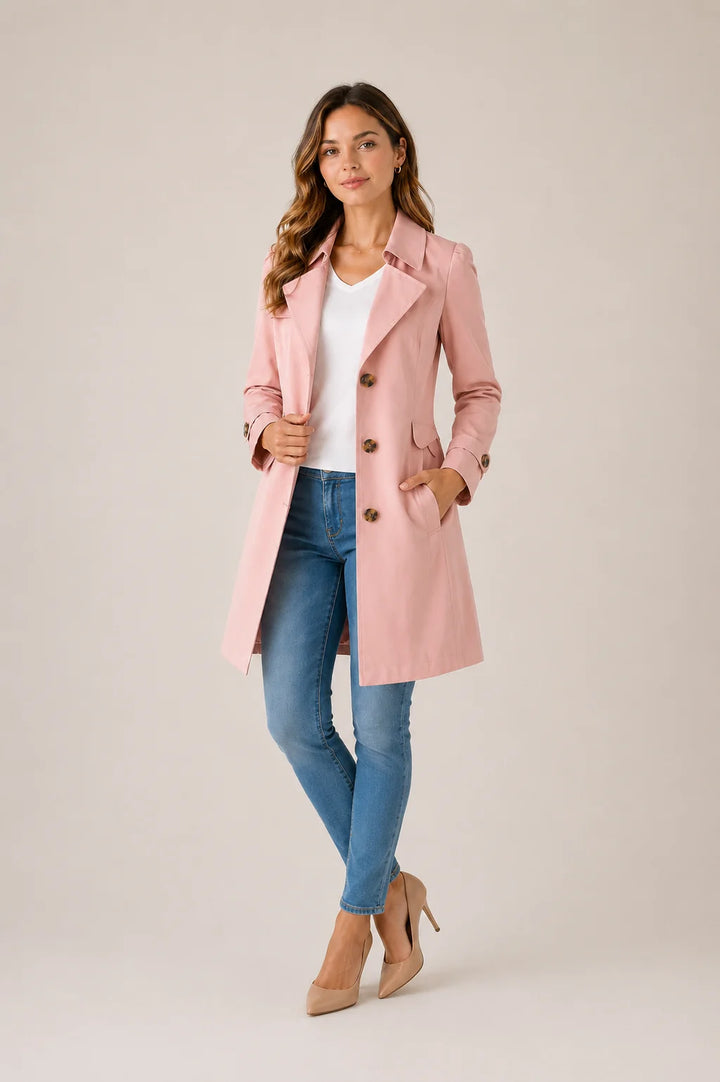 Side view of women's A-line trench coat with front pockets and button cuffs