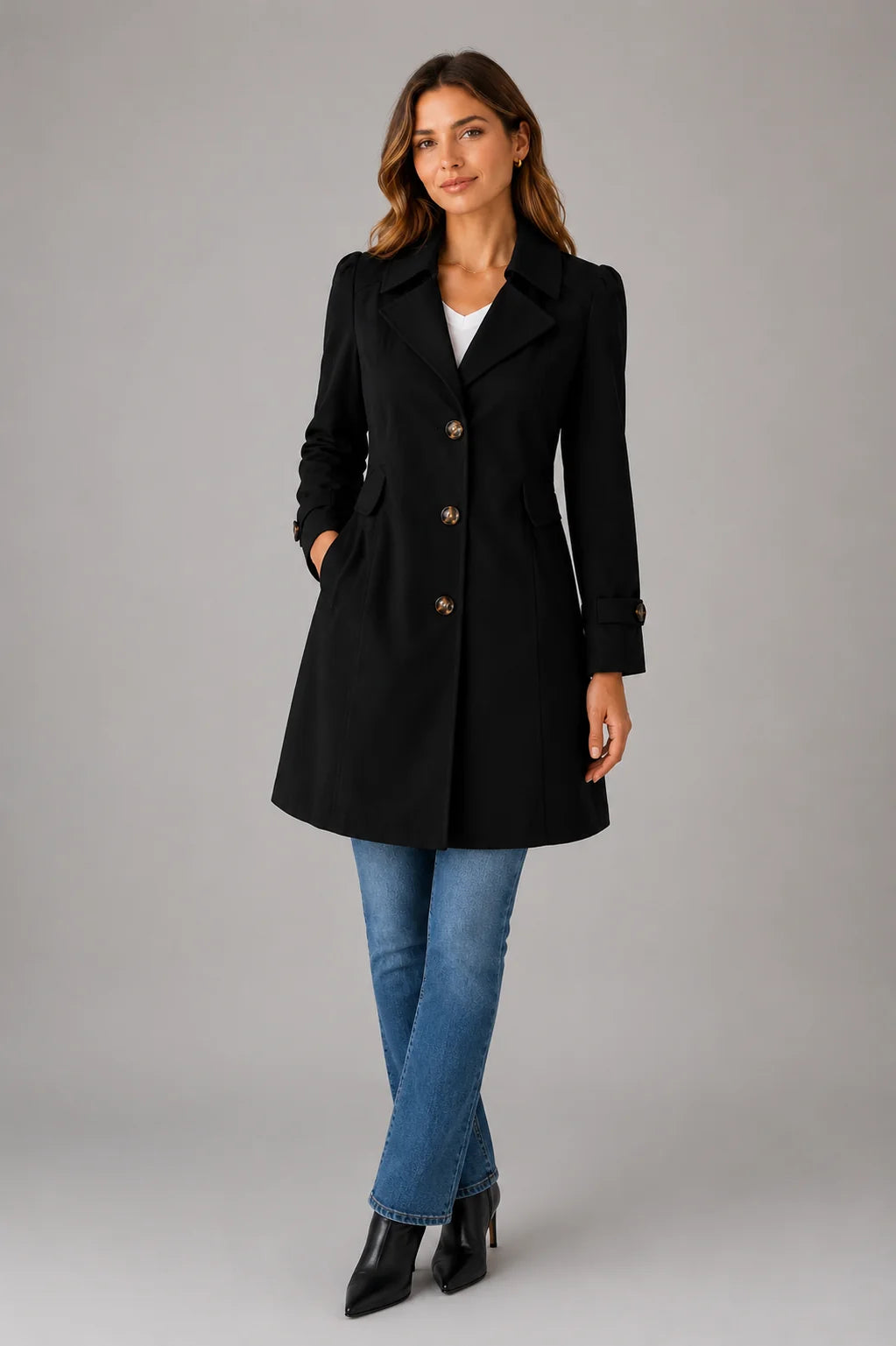 Women's beige trench coat styled with jeans showing knee-length silhouette