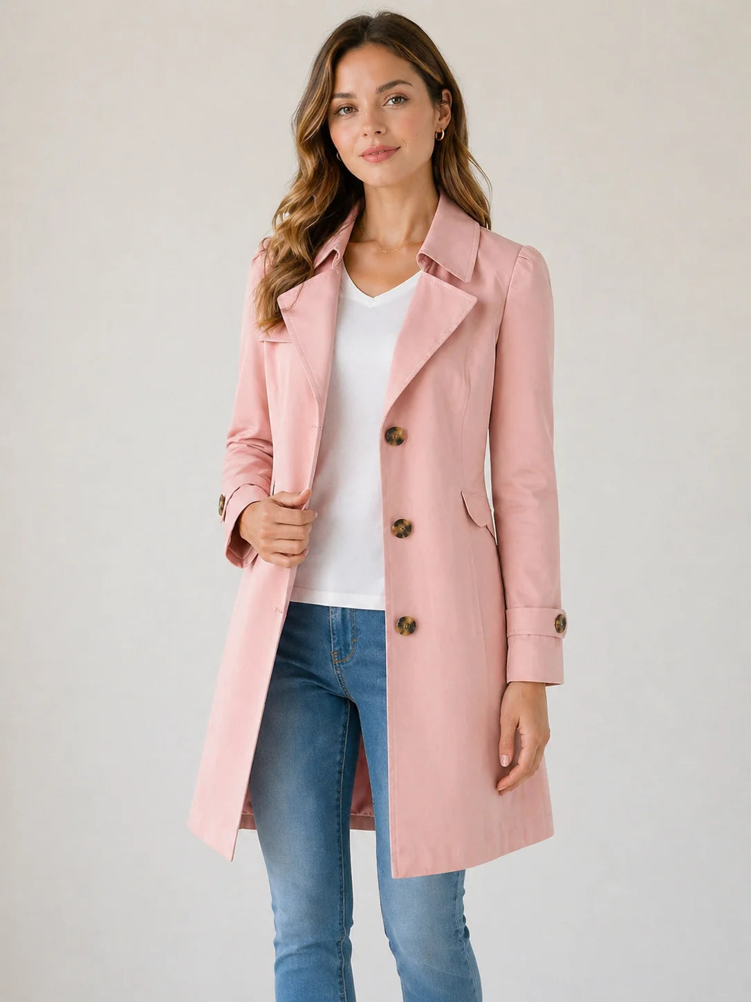 Back view of women's tailored trench coat showing A-line shape