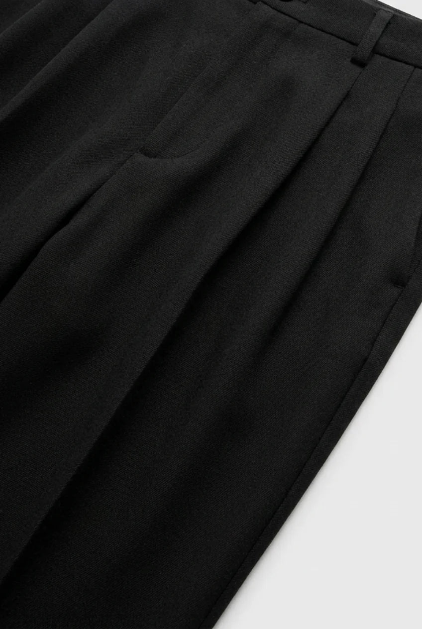 Close-up of front pleats and button closure on men's formal trousers