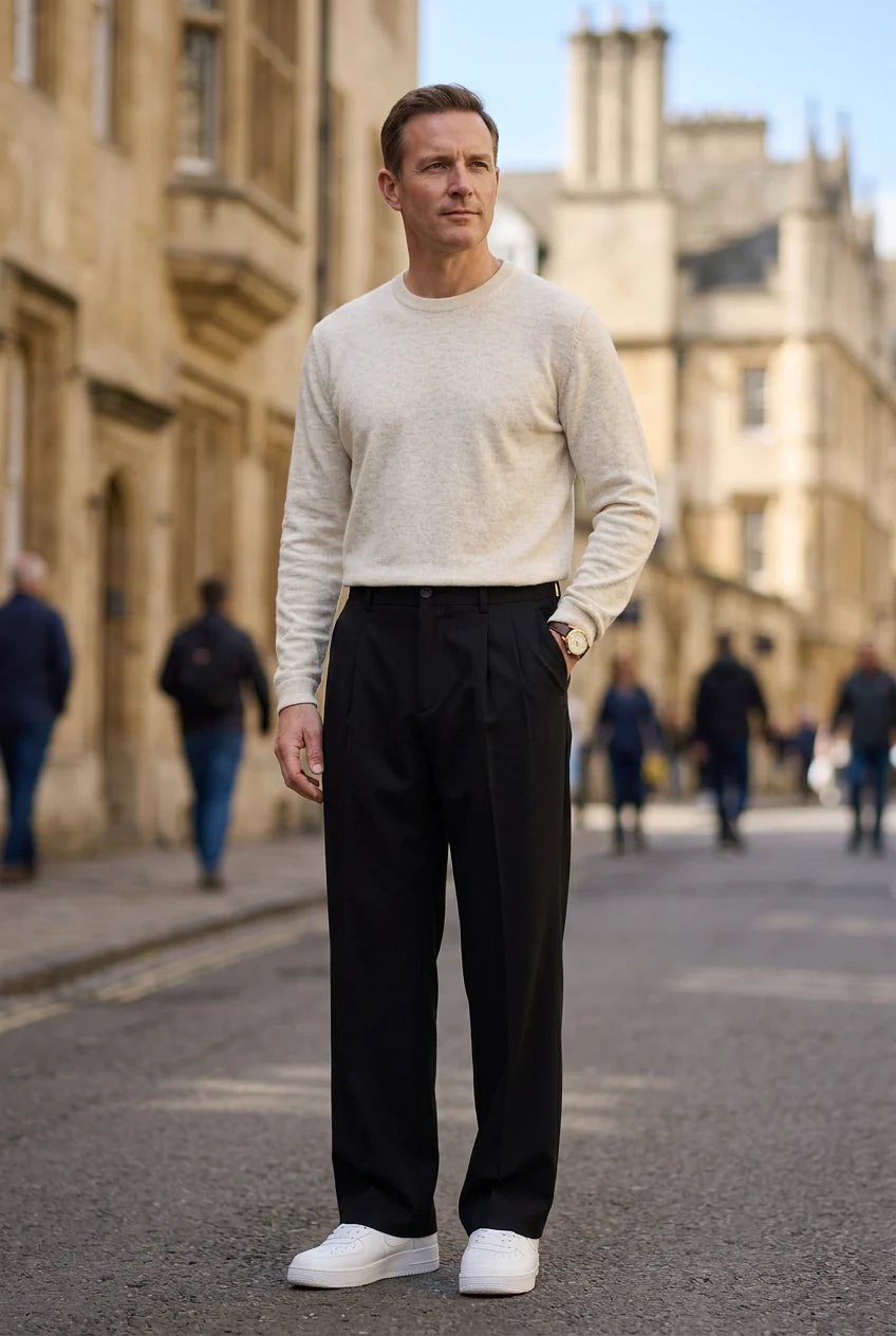 Men's straight leg trousers styled with cream jumper showing full length fit