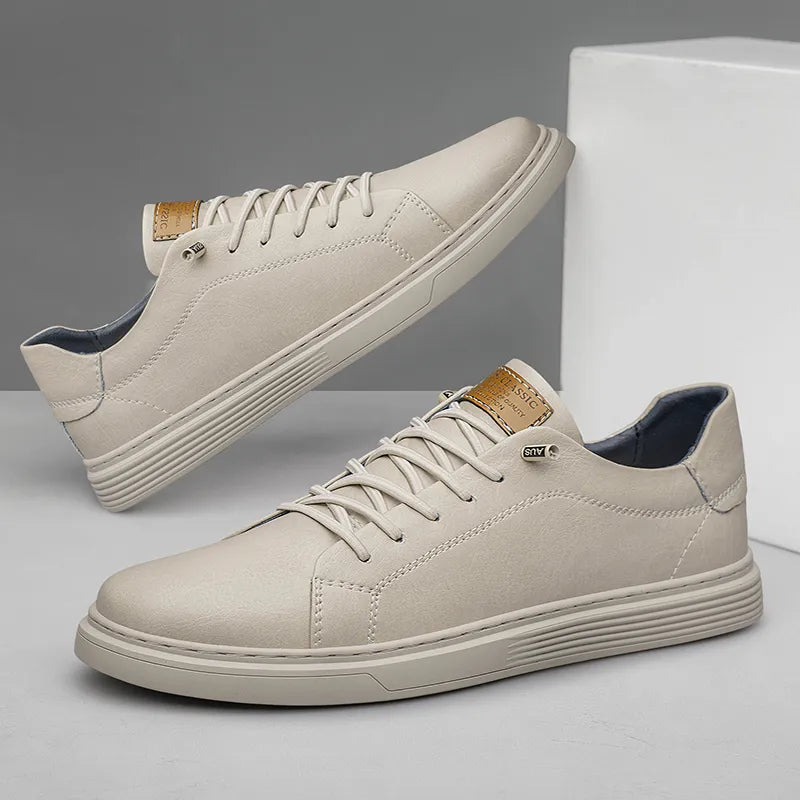 Men's low-top trainers in neutral beige with ridged platform sole and lace-up front