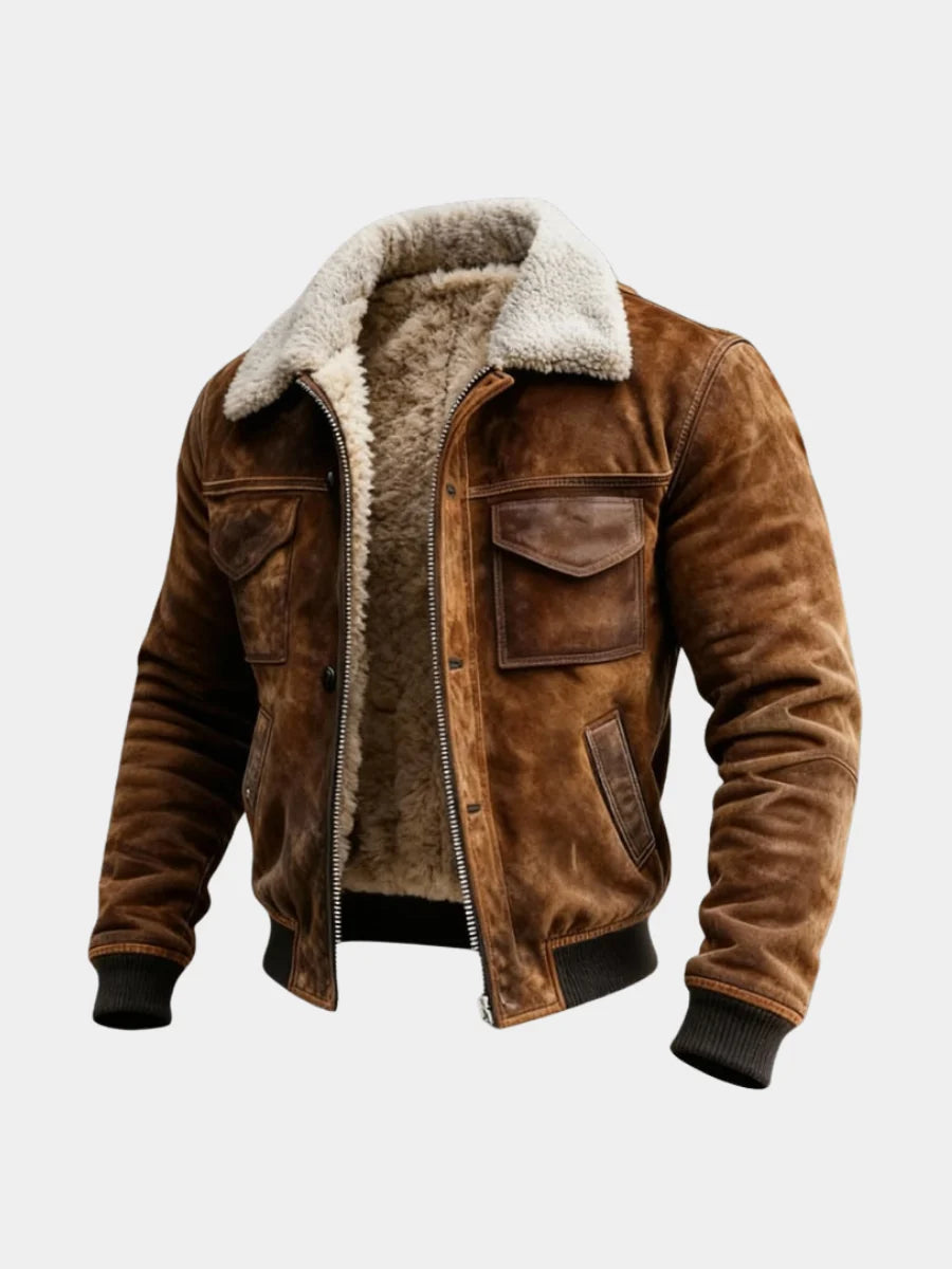 Men's sherpa-lined bomber jacket in brown with suede-effect finish and ribbed cuffs on neutral background