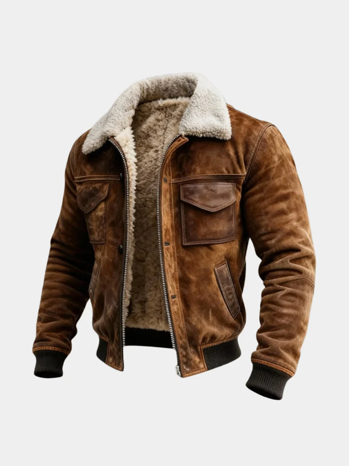Men's sherpa-lined bomber jacket in brown with suede-effect finish and ribbed cuffs on neutral background