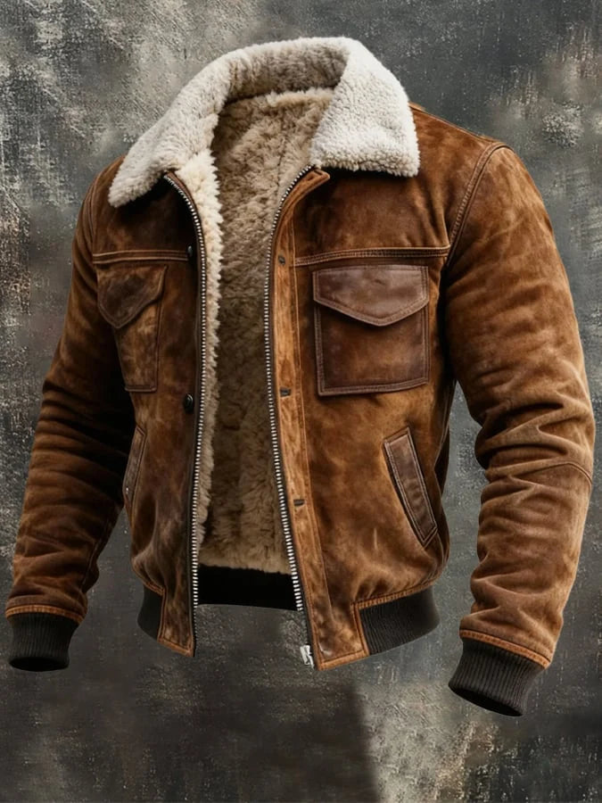 Close-up view of men's bomber jacket showing sherpa collar lining and front zip closure detail