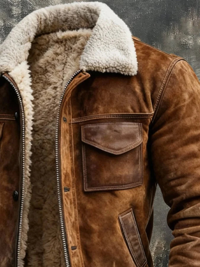 Side angle of men's brown bomber jacket displaying chest flap pockets and relaxed fit silhouette