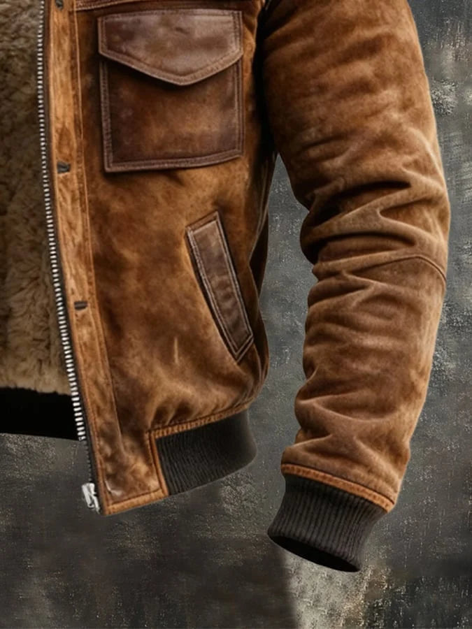 Rear view of men's sherpa-lined bomber jacket showing ribbed hem and structured shoulder seams
