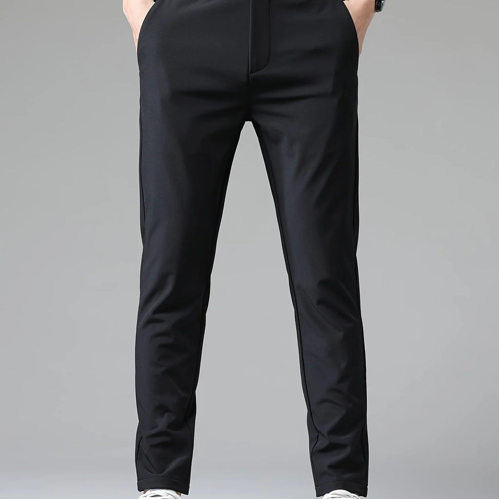 Side view of men's slim fit trousers showing clean lines and structured fabric drape