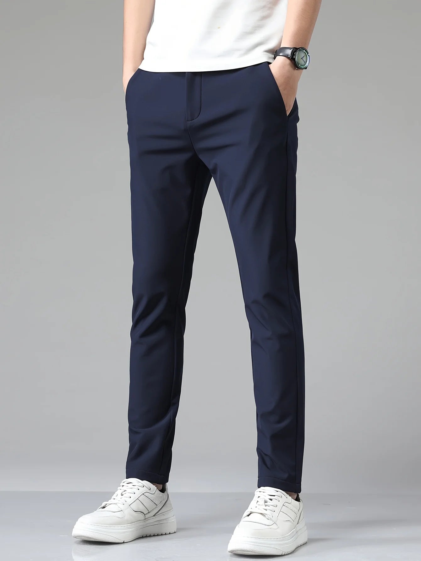 Full-length view of men's straight leg trousers showing streamlined fit from waist to ankle