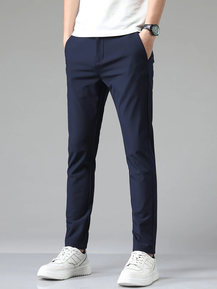 Full-length view of men's straight leg trousers showing streamlined fit from waist to ankle