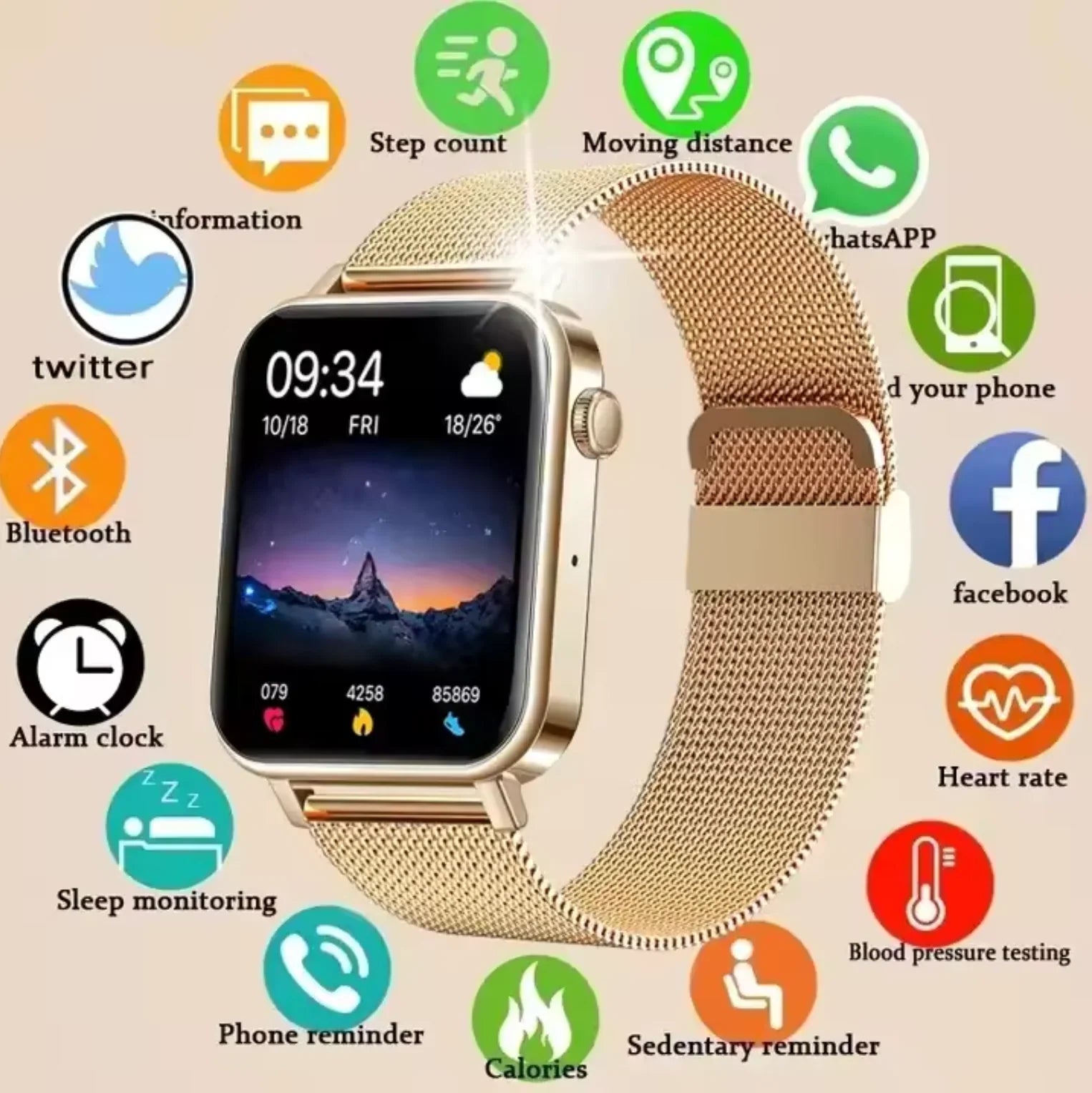 Men's smartwatch with square display and mesh strap showing fitness tracking features and notifications