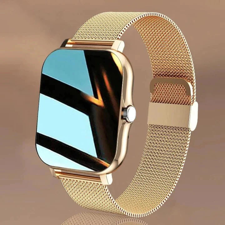 Men's smartwatch close-up view of touchscreen interface displaying time and health metrics