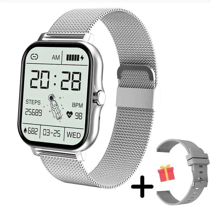 Men's smartwatch mesh strap detail with magnetic closure mechanism