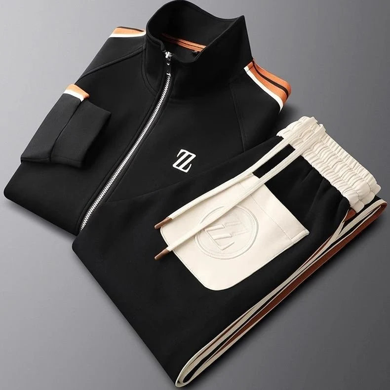 Full men's tracksuit ensemble showing athletic silhouette with bold side stripe running throughout