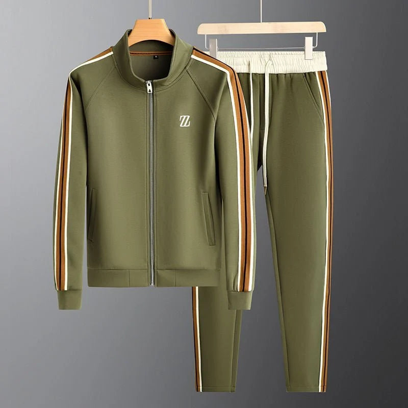Full-length view of men's tracksuit set showing coordinated jacket and joggers with matching stripe detailing