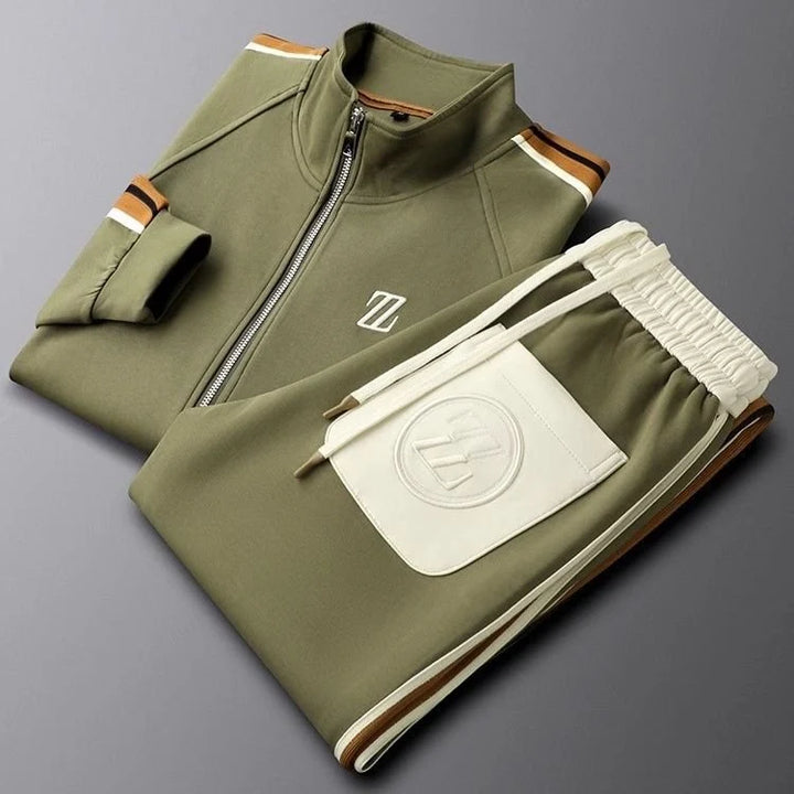 Detail shot of men's tracksuit fabric showing smooth finish and comfortable stretch construction