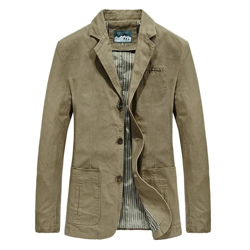 Men's casual blazer in khaki with single-breasted front and structured notch lapels