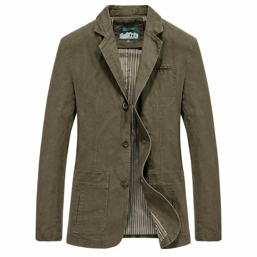 Men's casual blazer front view with three-button closure and clean silhouette