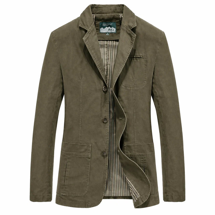 Men's casual blazer front view with three-button closure and clean silhouette