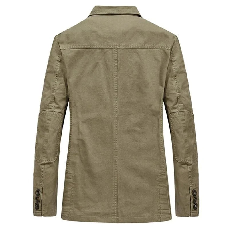 Men's blazer detail showing notch lapels and structured shoulders