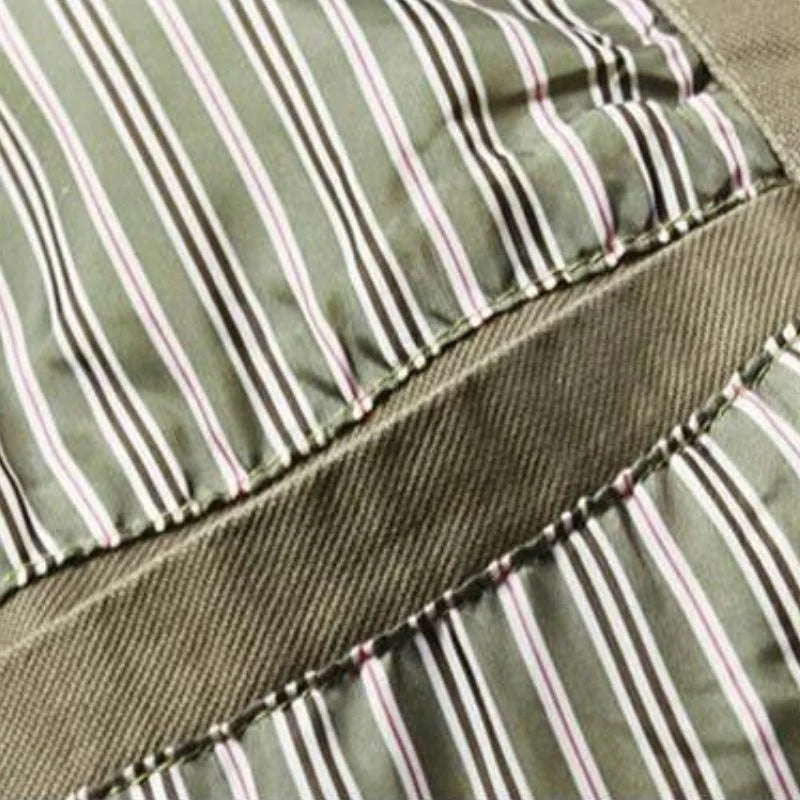 Men's blazer open showing striped lining and interior construction